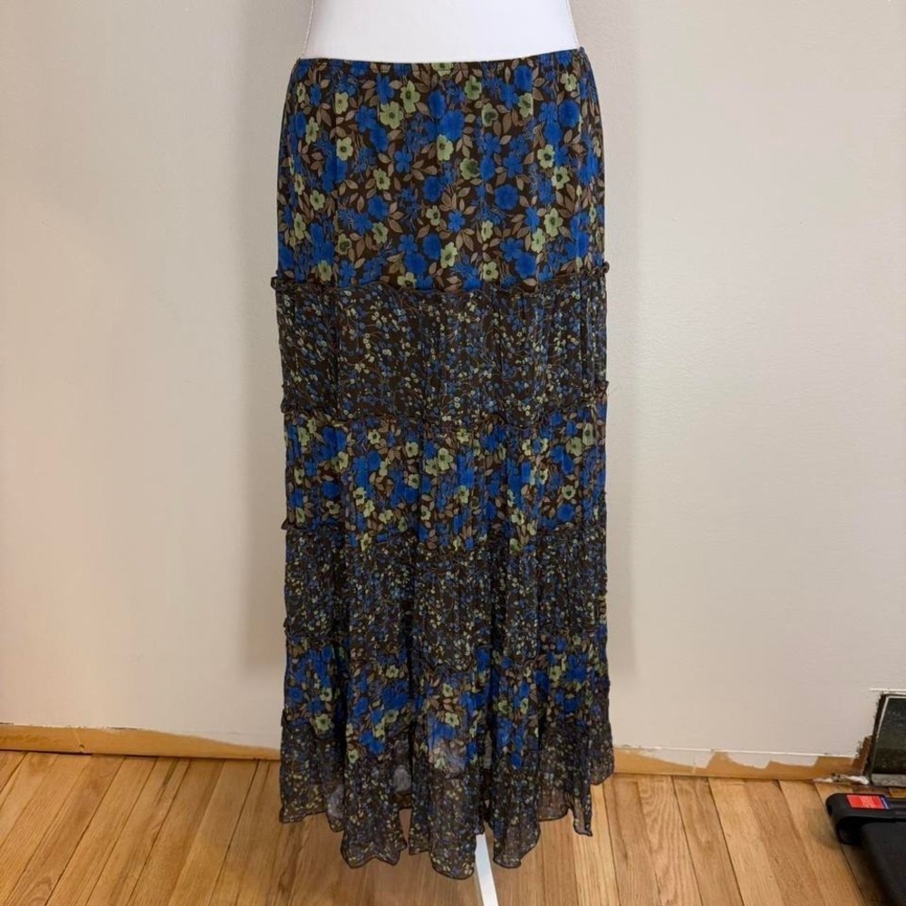 Chocolate Brown Floral Tiered Maxi Skirt Sz L Fairy Boho Cottagecore Whimsigoth